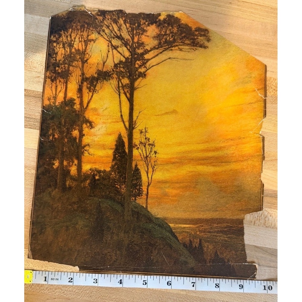 Vintage Sunset Landscape Lithograph Print Trees Nature Scene Antique Art